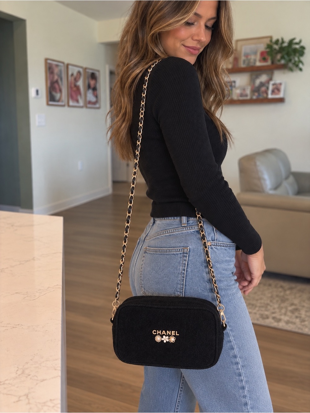 Chanel Black Tweed Cosmetic Bag With Added Chain and Camellia Accents